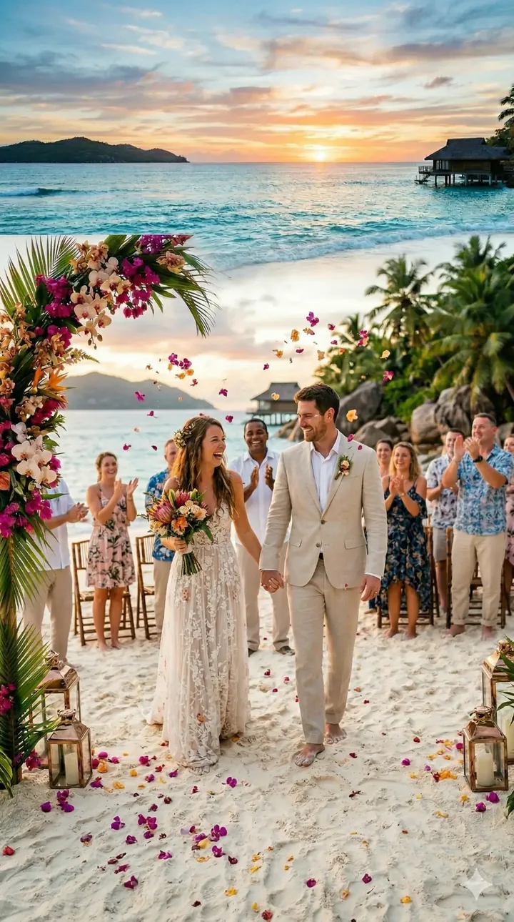 Casal saindo da cerimônia de casamento civil na praia de Ubatuba ao pôr do sol — pétalas de flores e convidados aplaudindo