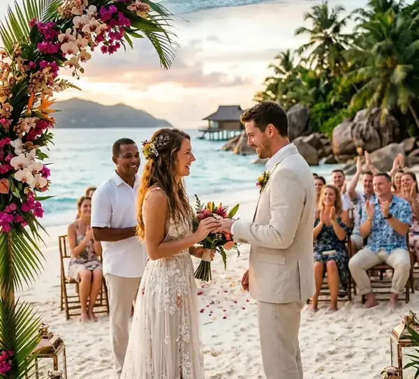 Casamento civil na praia em Ubatuba — cerimônia ao pôr do sol com o casal e convidados na areia